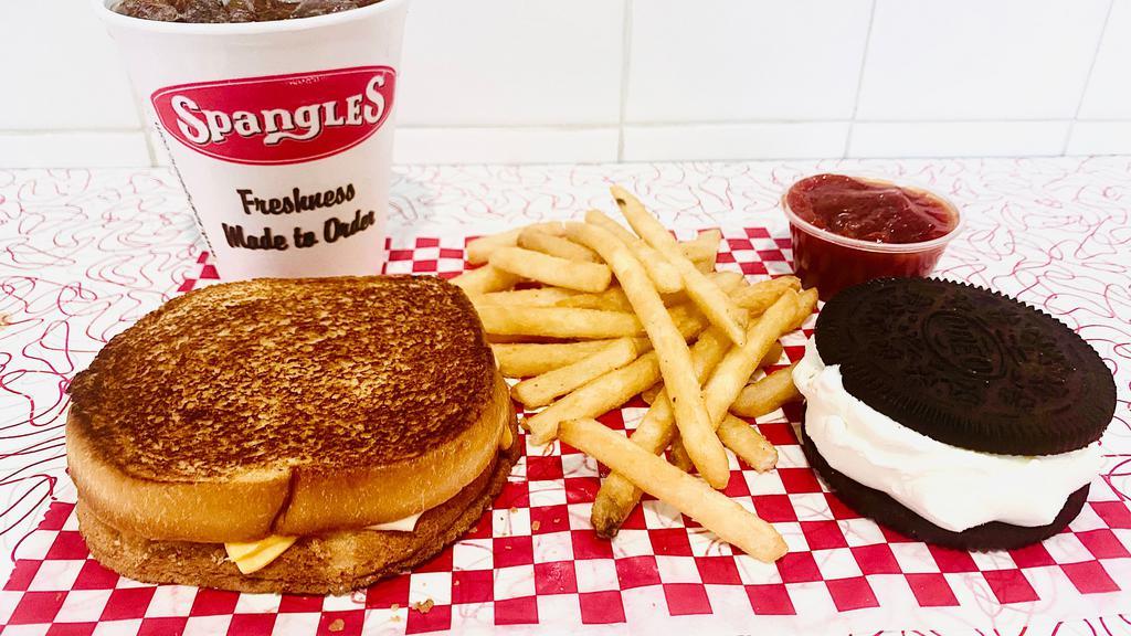Kids Value Pak - Grilled Cheese · Butter toasted sourdough toast with American & Swiss cheese; includes side fries, 12oz. drink and an Oreo Kreme Sandwich
