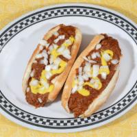 Nicky D’S Coney Island · hot dog topped with chili, mustard, and onions in a steamed bun.
