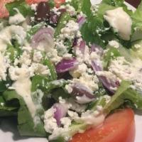 Greek Salad · Vegetarian. Gluten Free. Romaine lettuce, tomatoes, cucumbers, red onions, green peppers, an...