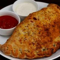 Veggie Calzone · House tomato sauce, our house cheese blend, balsamic Roma tomatoes, grilled bell peppers, re...