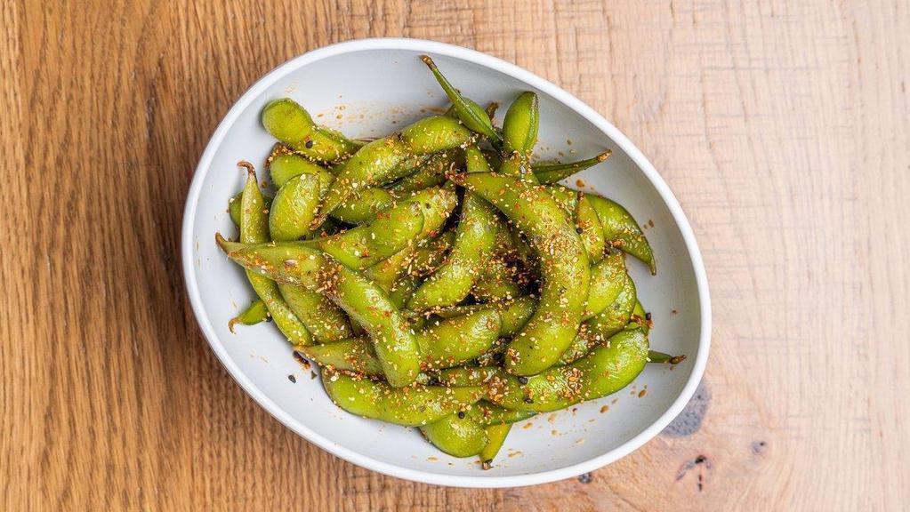 Spicy Edamame [*Gf, V] · Edamame Pods tossed with our Spicy Poke Sauce + Togarashi.