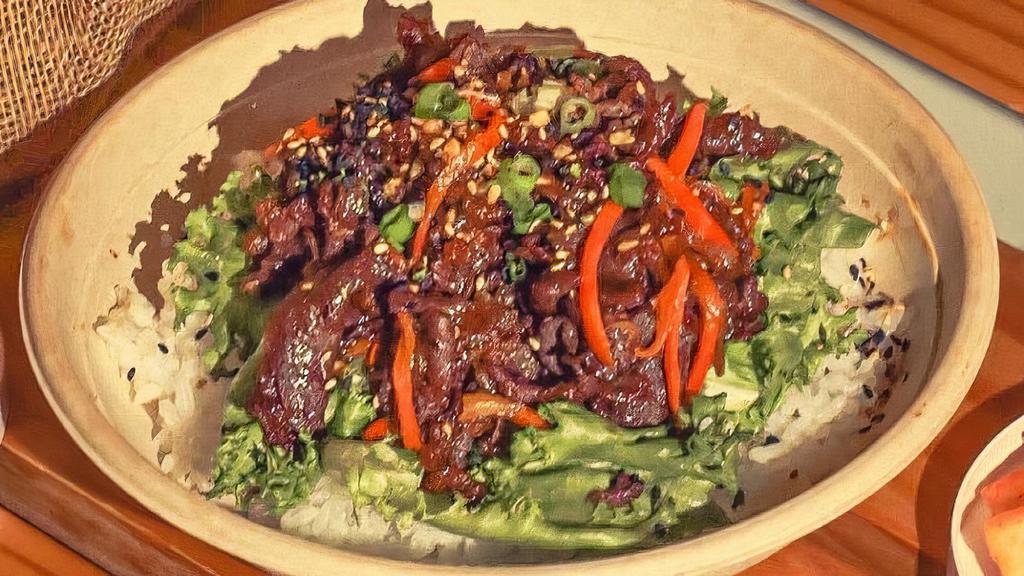 Bulgogi [Gf] · Thinly Sliced Ribeye Beef (Marinated with our Signature Sauce) + Sweet Onions + Carrot + Scallions + Crispy Garlic + Furikake. Served on White Sushi Rice + Salad (Locally Greenhouse-Grown, Hydroponic Baby Green & Red Lettuce).