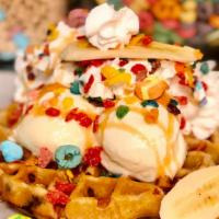 Loaded Waffle · Delicious waffle loaded with vanilla or chocolate ice cream, syrup, whipped cream, fresh fru...