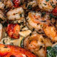 Seafood Lovers Pasta · Penne Pasta, Jumbo Scallops, Lump Crab, Jumbo Shrimp with Baby Spinach, Cherry Tomatoes and ...