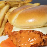 Buffalo Blue Chicken · Hand-breaded chicken breast topped with Swiss cheese.