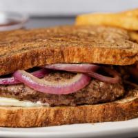 Patty Melt · Melted Swiss and grilled onions on grilled marble rye bread.