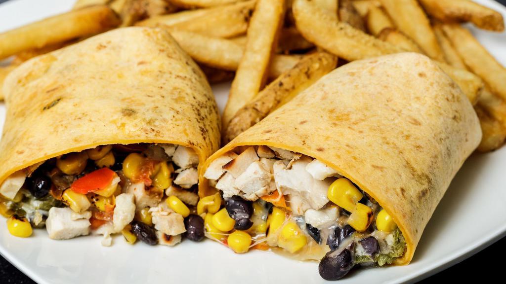Spicy Jalapeño Wrap · Grilled chicken, jalapeños, pepper jack cheese, roasted black bean and corn salsa with chipotle mayo wrapped in a jalapeño cheddar tortilla.