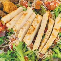 Chicken Caesar Salad · Grilled chicken breast, shredded parmesan cheese, tomatoes, sliced red onions, and croutons....