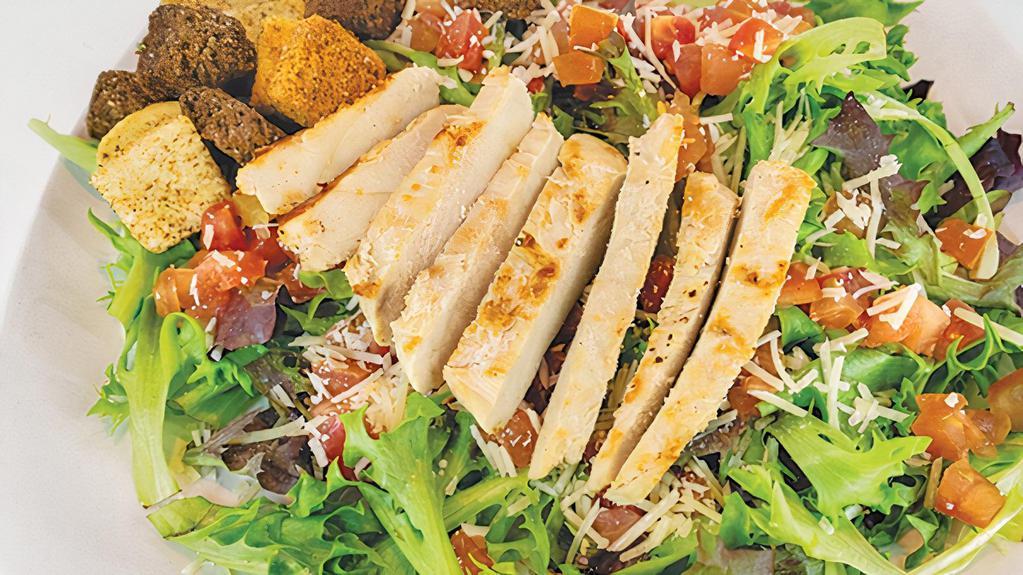 Chicken Caesar Salad · Grilled chicken breast, shredded parmesan cheese, tomatoes, sliced red onions, and croutons. Served with caesar dressing.