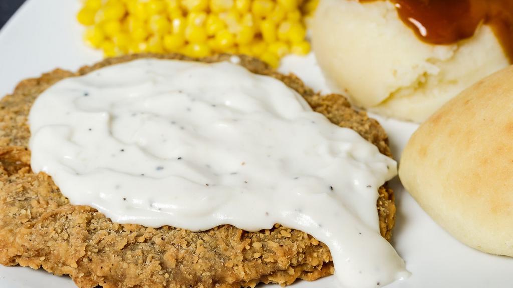Chicken Fried Steak Dinner · 8 oz beef breaded, fried, and smothered with your choice of beef or country-style gravy. Served with choice of two sides and a dinner roll.