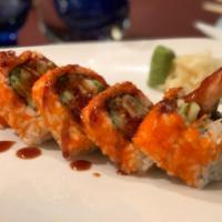 Shrimp Tempura Specialty Roll · Five pieces. Shrimp tempura, spicy crab, avocado, cucumber, masago, and eel sauce.