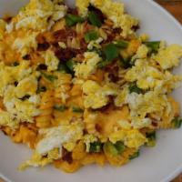 (I) Hangover Mac · spiral macaroni with cheese, scrambled egg, applewood smoked bacon, and jalapeños.