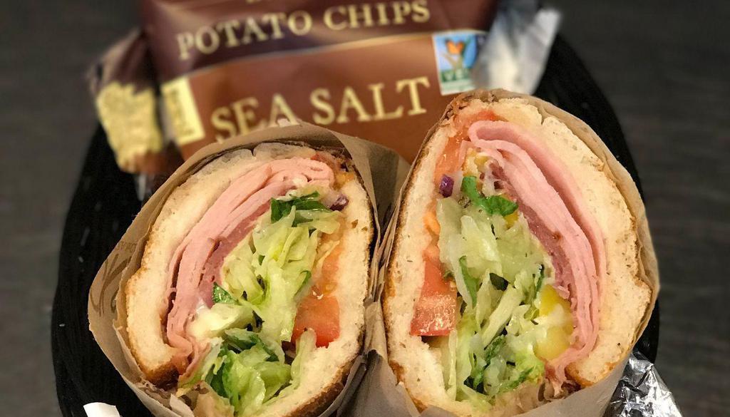 Italian Grinder Sandwich · Black Forest Ham, Italian Dry Salame, Pepperoni, Capicola, Provolone Cheese, Pepperoncini Peppers, Lettuce, Sliced Roma Tomato, Red Onions and Deli Dressing.