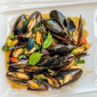 Black Mussel Basil · All natural wild caught black mussels, fresh basil and bell pepper stir fried in homemade ka...