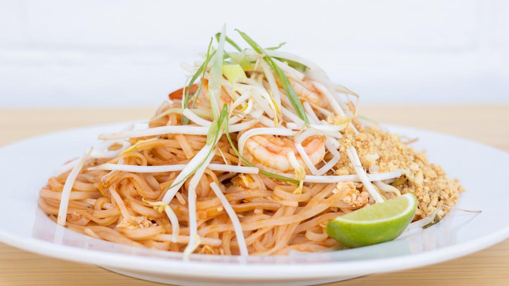 Pad Thai · Rice noodle with our homemade sauce, wok fried with egg, green onion, fresh bean sprouts with crushed peanuts and slice of lime on the side. With your choice of protean.
