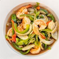 Pad Basil · Homemade savory Thai sauce, bell pepper, onion, and fresh basil leaves. Served with Jasmine ...