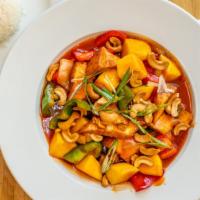 Pad Mango · Gluten free. Homemade Thai sauce stir fried with fresh mango, bell pepper, and onion, with c...