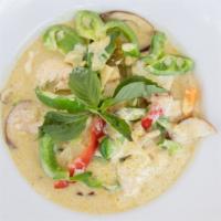 Green Curry · Gluten free. Green Curry, Coconut Milk, Egg Plant, Bell Peppers, Bamboo Shoot, Lime Leaves a...