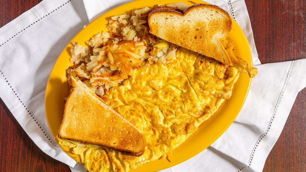 Omelettes · All omelettes are served with home fries and choice of toast. Plain, cheese, ham & cheese, bacon & cheese, sausage & cheese, spinach & cheese, western & cheese, veggie & cheese, hash & cheese, tomato & cheese.