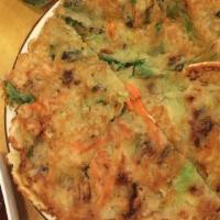 Seafood Pancake · Pan-fried toasty pancake stuffed with shrimp, squid, scallops, green onions, and red bell pe...