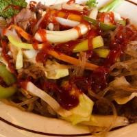 Japchae · Vermicelli noodles stir fried with assorted vegetables and your choice of protein (chicken, ...