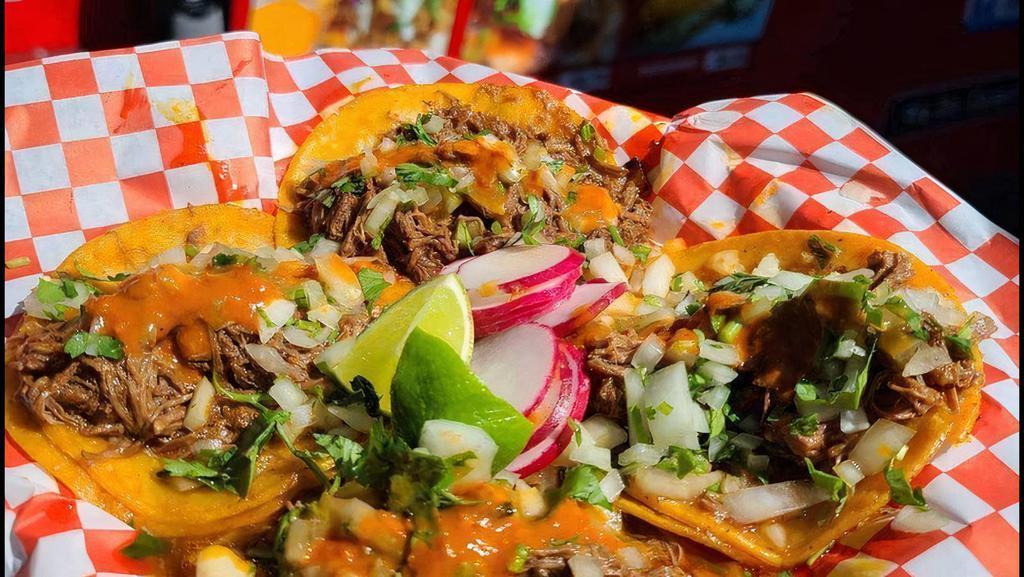 Street Tacoss · Four tasty taco with cilantro, onions and choice of meat.