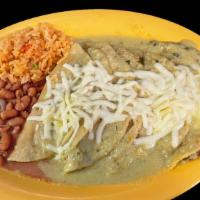 Enchiladas Salsa Verde · Four enchiladas stuffed with cheese and choice of meat. Served with sour cream rice and beans.