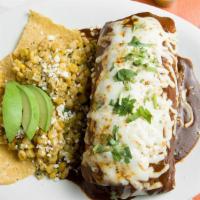 Royal Burrito · Our classic burrito topped with melted chihuahua cheese and choice of sauce. Served with sli...