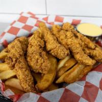 Tenders · Five crispy battered chicken tenders, fried golden and served with Irish chips.