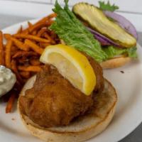 Fish Sandwich · Beer-battered Icelandic Cod, friend golden, served on a grilled Kaiser roll with homemade ta...