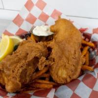 Fish & Spf · Beer-battered Icelandic Cod, fried golden brown and served with sweet potato fries and tangy...