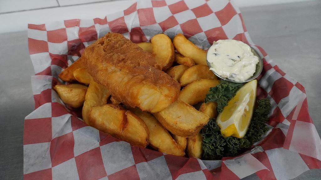 Fish & Chips Lunch · One piece of Beer-battered Icelandic Cod, fried golden brown and served with crisp potato wedges and tangy homemade tartar sauce.