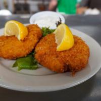 Salmon Cakes · Two crispy cakes made with Atlantic salmon,. potatoes, bread crumbs and fresh-diced. vegetab...