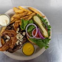 Black & Blue · A half-pound burger perfectly seasoned,. smothered with Cashel blue cheese and topped. with ...