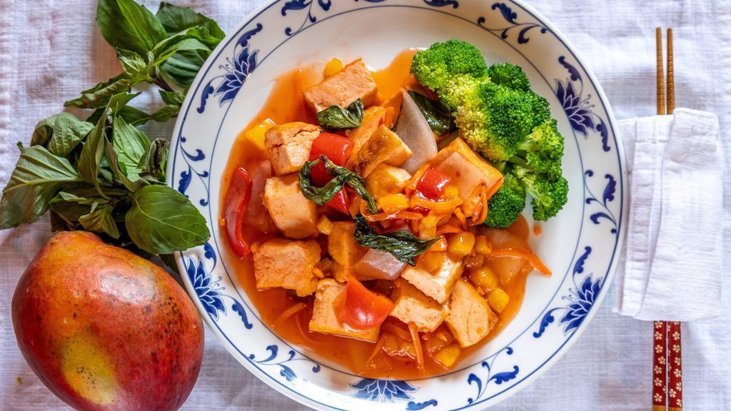 Sweet N Sour Tofu 大甜酸豆腐 · Tangy Sweet N Sour Sauce, Deep Fried Tofu, Red Bell Pepper, Red Onion and Shredded Carrot.