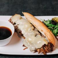 Pot Roast French Dip · Slow-cooked, melt-in-your-mouth pot roast, topped with melted provolone cheese on a toasted ...