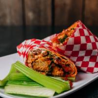Buffalo Chicken Wrap · Hot spice. Homemade chicken tenders, tossed in buffalo sauce, spring mix, onions, tomatoes, ...