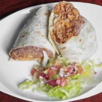 Classic Burrito · Large flour tortilla stuffed with your choice of meats, refried beans, and spanish rice, top...