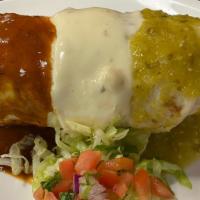 El Mexicano Burrito · Large flour tortilla stuffed with chicken, pork chorizo, beef asada, spanish rice, refried b...