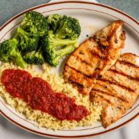 Grilled Chicken Breast Dinner · Boneless chicken breast with French Fries or rice.