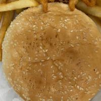 Kids Cheeseburger · served with fries  mayo, mustard,ketchup  lettuce, tomato 
pickles , onions and american che...