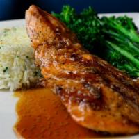 Sesame Orange Glazed Salmon · Gluten free. Pan seared salmon, jasmine rice with fresh cilantro, ginger, orange zest and ve...