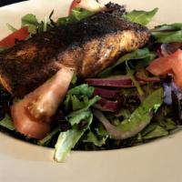 Blackened Salmon Salad · Blackened salmon filet on mixed baby greens, tomato, & onion tossed in vinaigrette

*Note te...