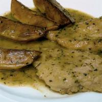 Chicken Vesuvio · Chicken Breast Sautéed in Garlic, White Wine Sauce & Spices. Served with Potato Wedges

Incl...