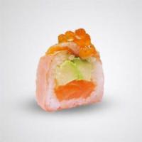 Pink Lady-(F) · Salmon, avocado, scallions rolled with pink soy paper topped with torched salmon, and ikura.