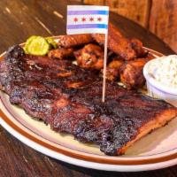 Ribs & Chicken Wing Combo Plate · 1/2 slab Chicago style baby back ribs, 6 hickory-smoked wings