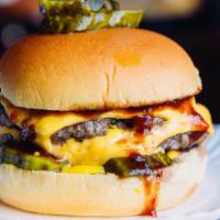All American Double Burger · 2 all-beef patties with american cheese, bbq sauce, mustard, pickle & onion.