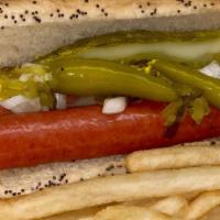 Chicago Double Dog And Fries · Two Vienna hot dogs served on a steamed poppy seed bun topped with mustard, relish, onion, t...