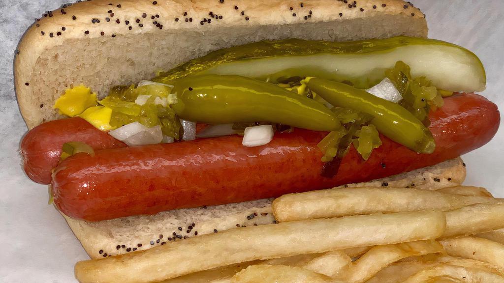 Chicago Double Dog And Fries · Two Vienna hot dogs served on a steamed poppy seed bun topped with mustard, relish, onion, tomato, pickle, and sport peppers. Let us know in the comments if you would like to add celery salt.