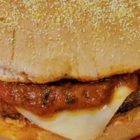 Pizza Burger · All beef 1/4 lb burger served on a toasted gourmet bun, topped with mozzarella cheese, peppe...